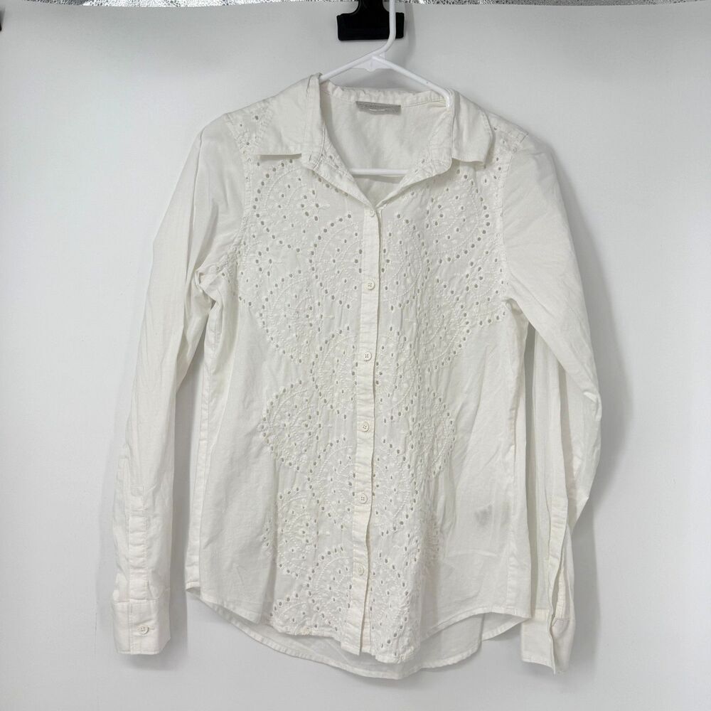 Outerknown White Organic Cotton Eyelet Lace Front Button Up Blouse Coastal Sz XS